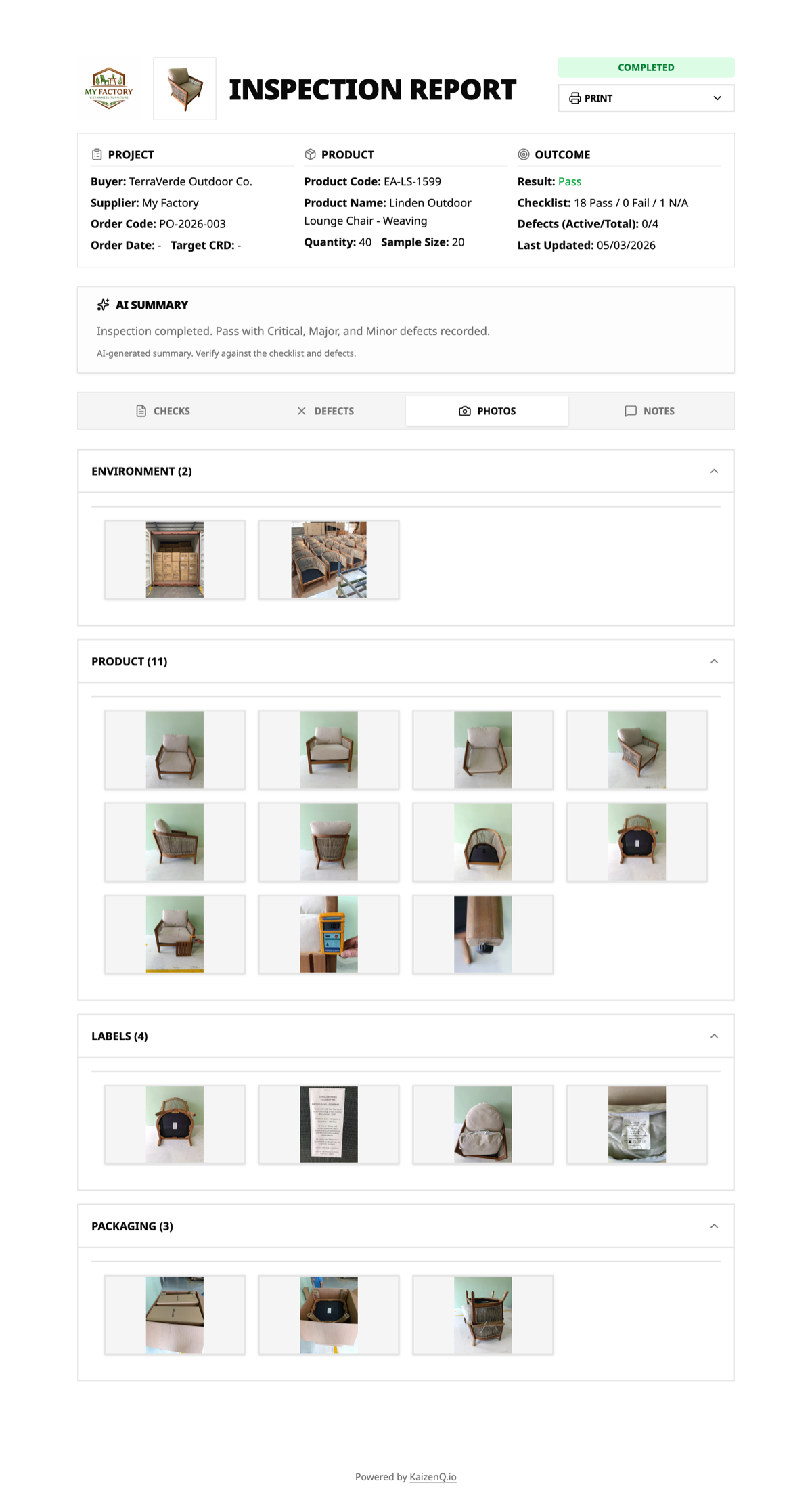 KaizenQ detailed inspection report showing multiple sections, photos, and compliance checks